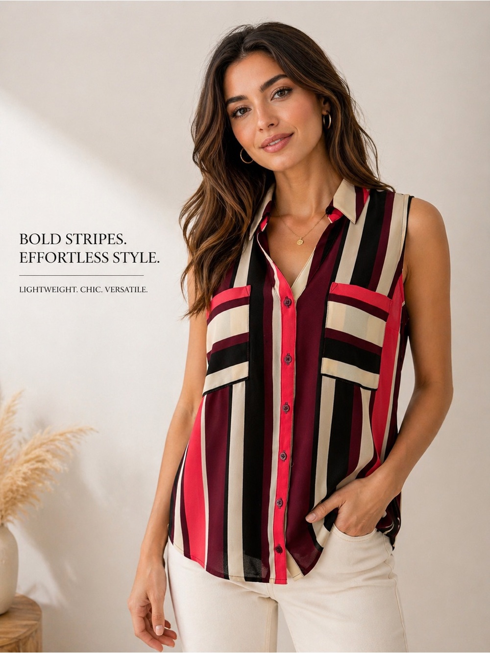 Express Sleeveless Striped Button-Down Top in Burgundy, Black, Cream, and Pink